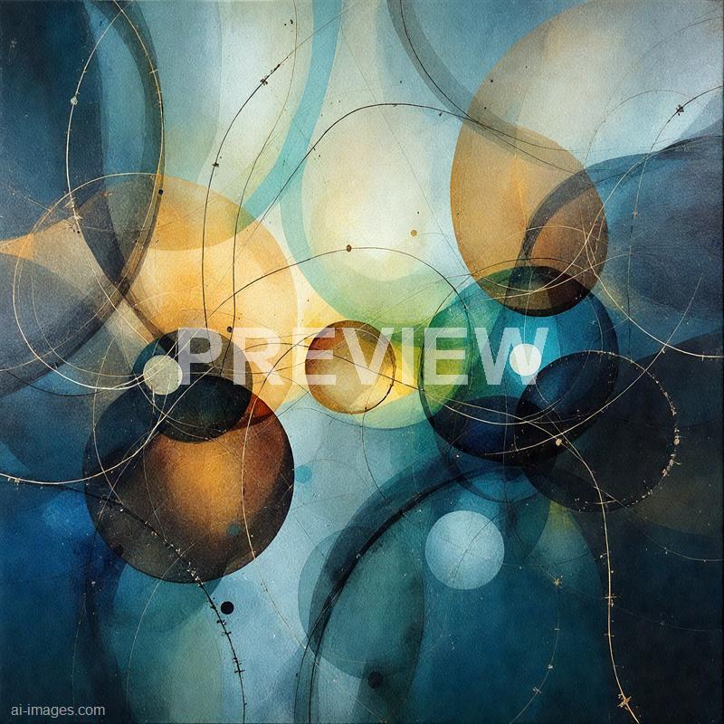 The image features an abstract composition composed of numerous overlapping circles in various sizes and shades of blue, green, yellow, and brown. Thin, delicate lines and subtle splatters traverse the composition, creating a sense of movement and interconnectedness against a textured, watercolor-like background. The overall effect is dynamic and layered, evoking a sense of depth and complexity within an organic, fluid aesthetic.